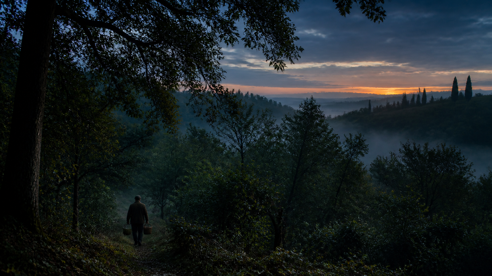 A misty Tuscan truffle forest at dawn with a lone harvester carrying a basket