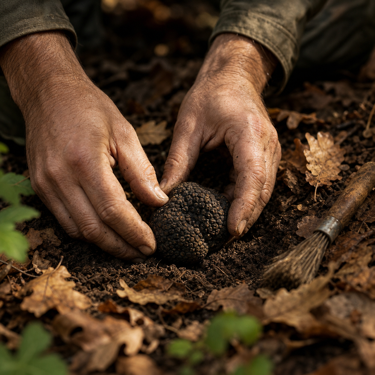 Hands lifting a black truffle from forest soil