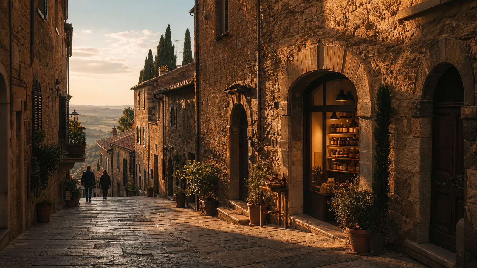A golden hour street in Montepulciano with an artisan shopfront