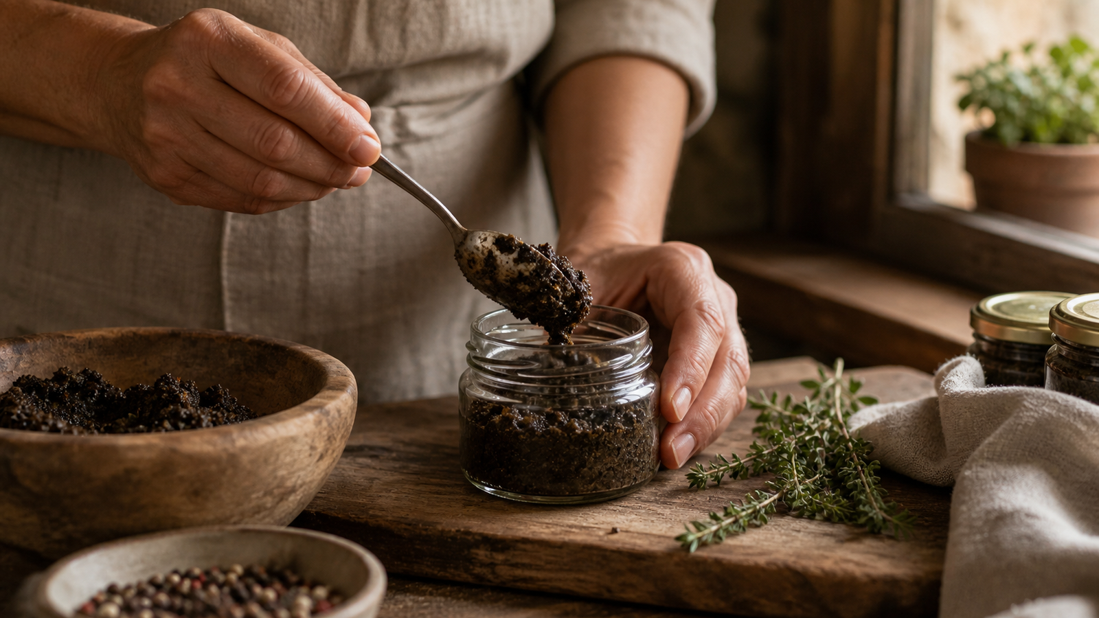 Truffle sauce jars arranged on stone