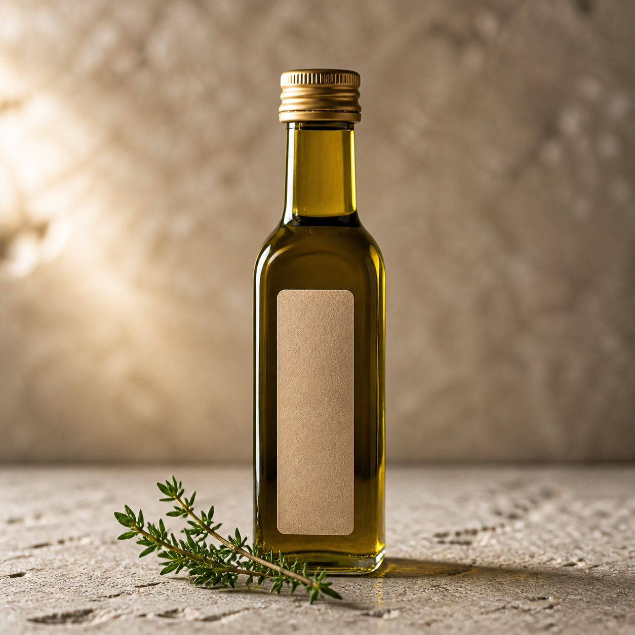 A slim bottle of white truffle oil on pale stone