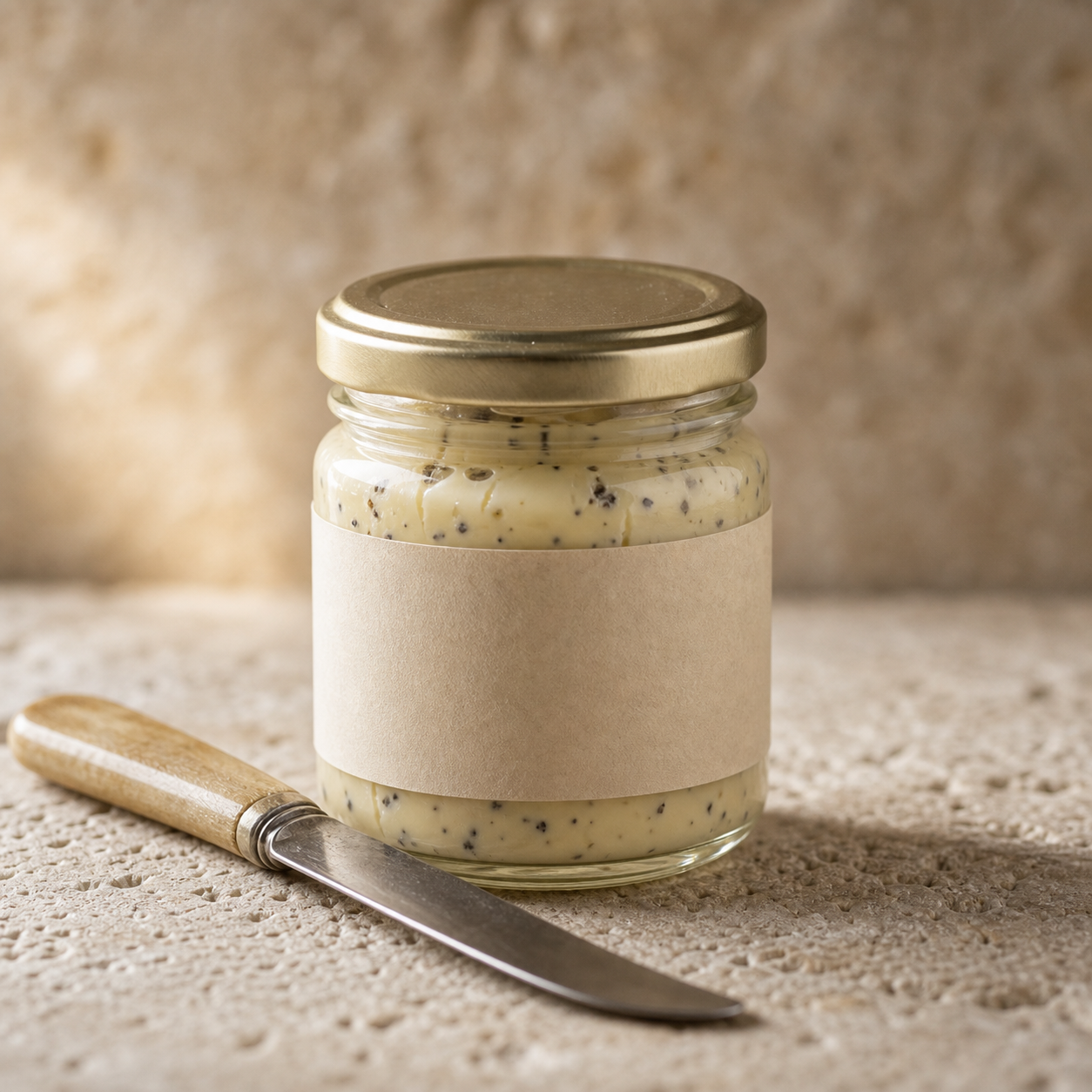 Truffle butter jar with a butter knife