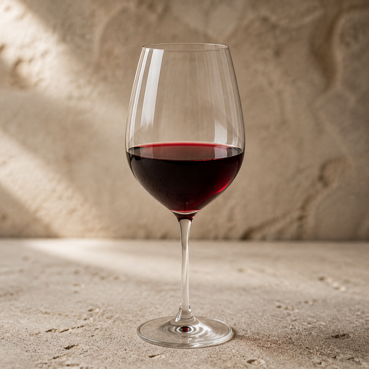 A glass of deep ruby red wine
