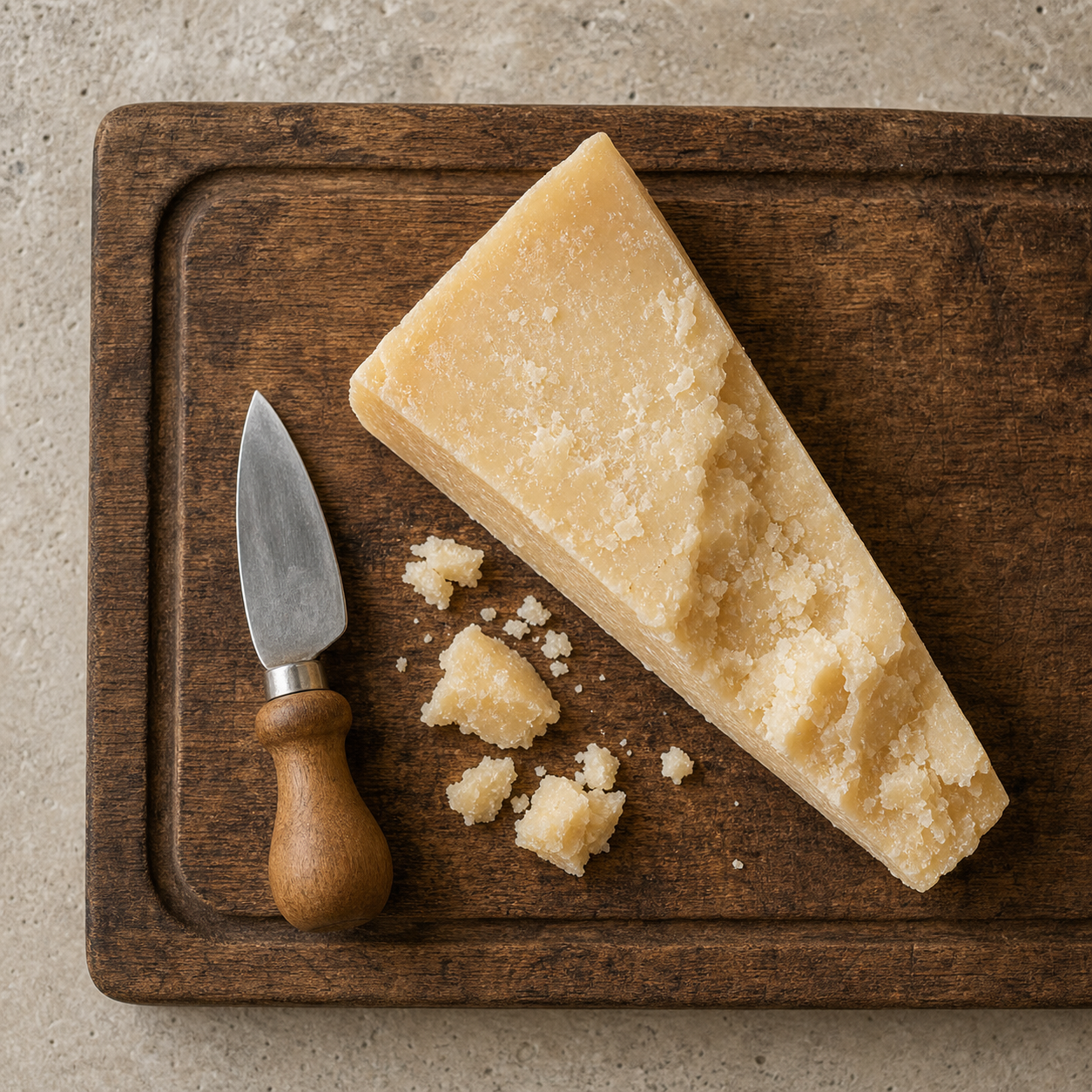 Parmigiano cheese wedge on a wooden board