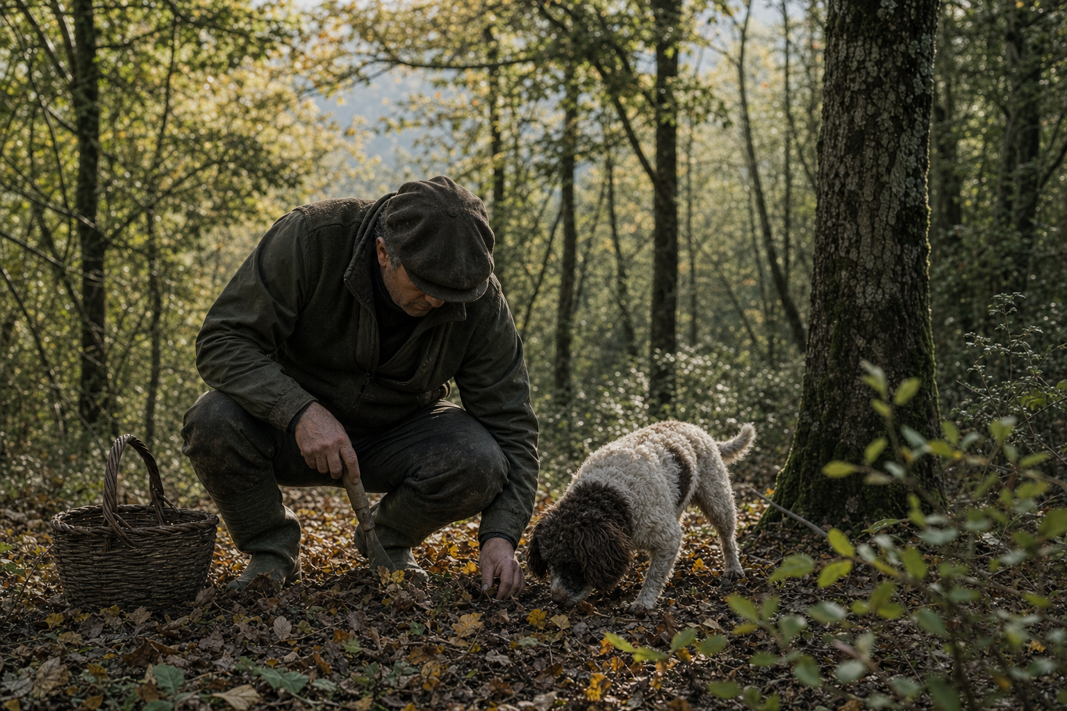 Alessandro crouched in the forest with a truffle hunting dog