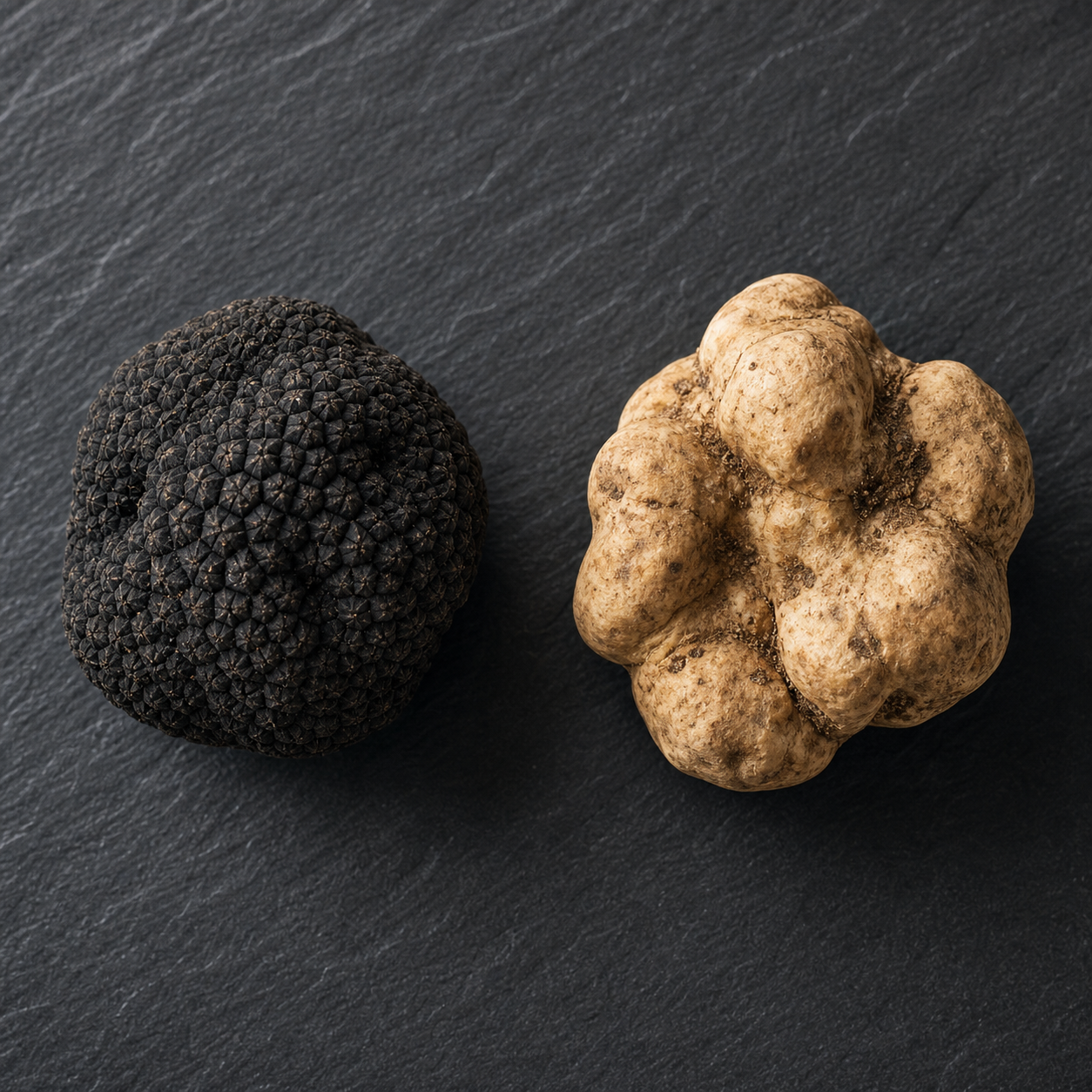 Black and white truffles side by side