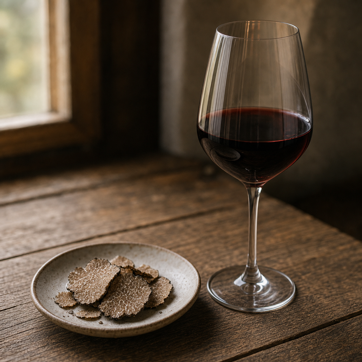 A glass of red wine beside truffle shavings