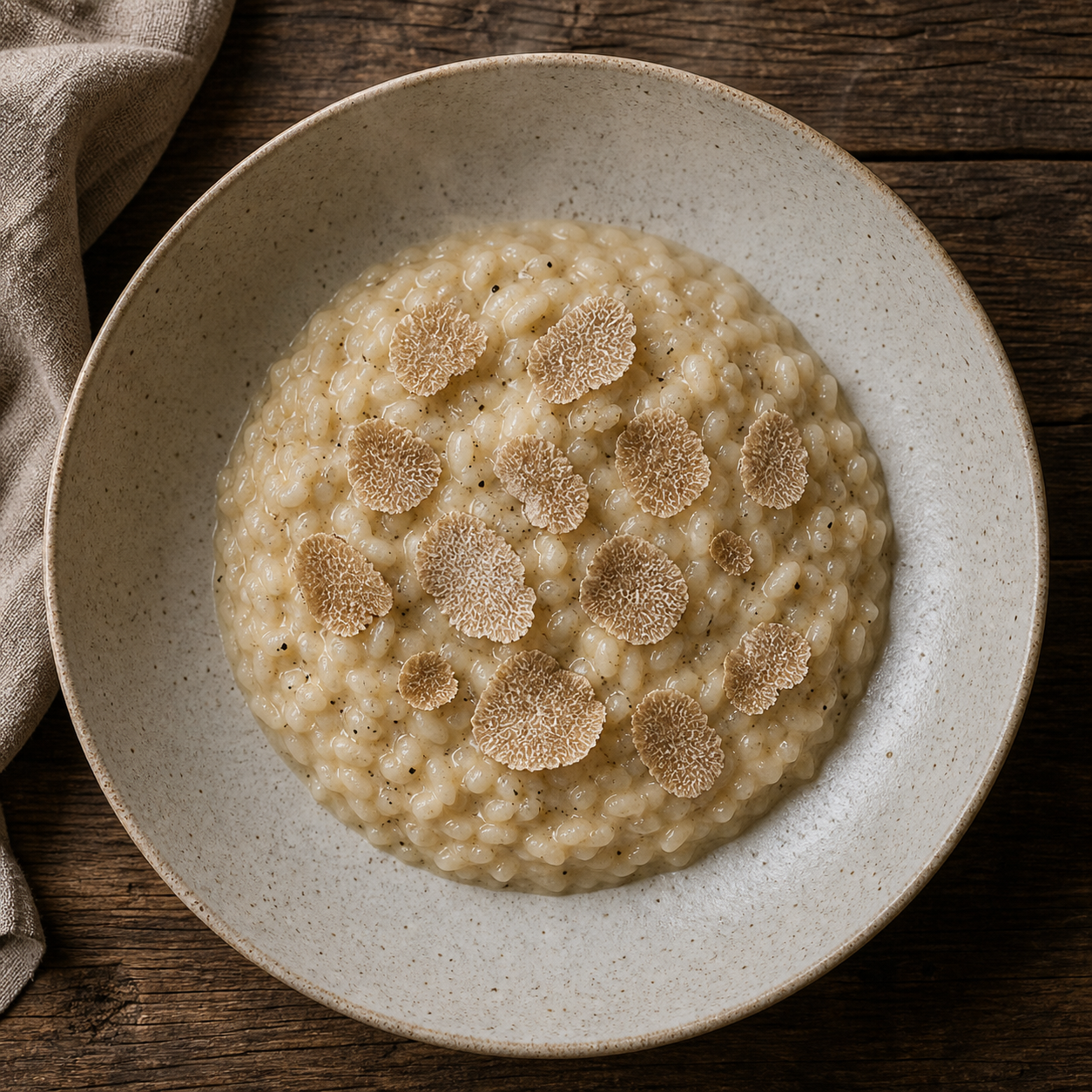 Bianchetto truffle risotto in a shallow bowl