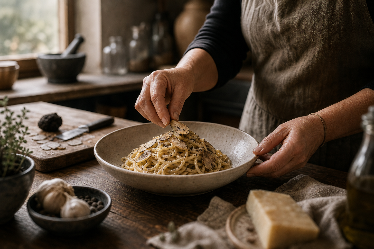 Marina plating a finished dish in a rustic kitchen
