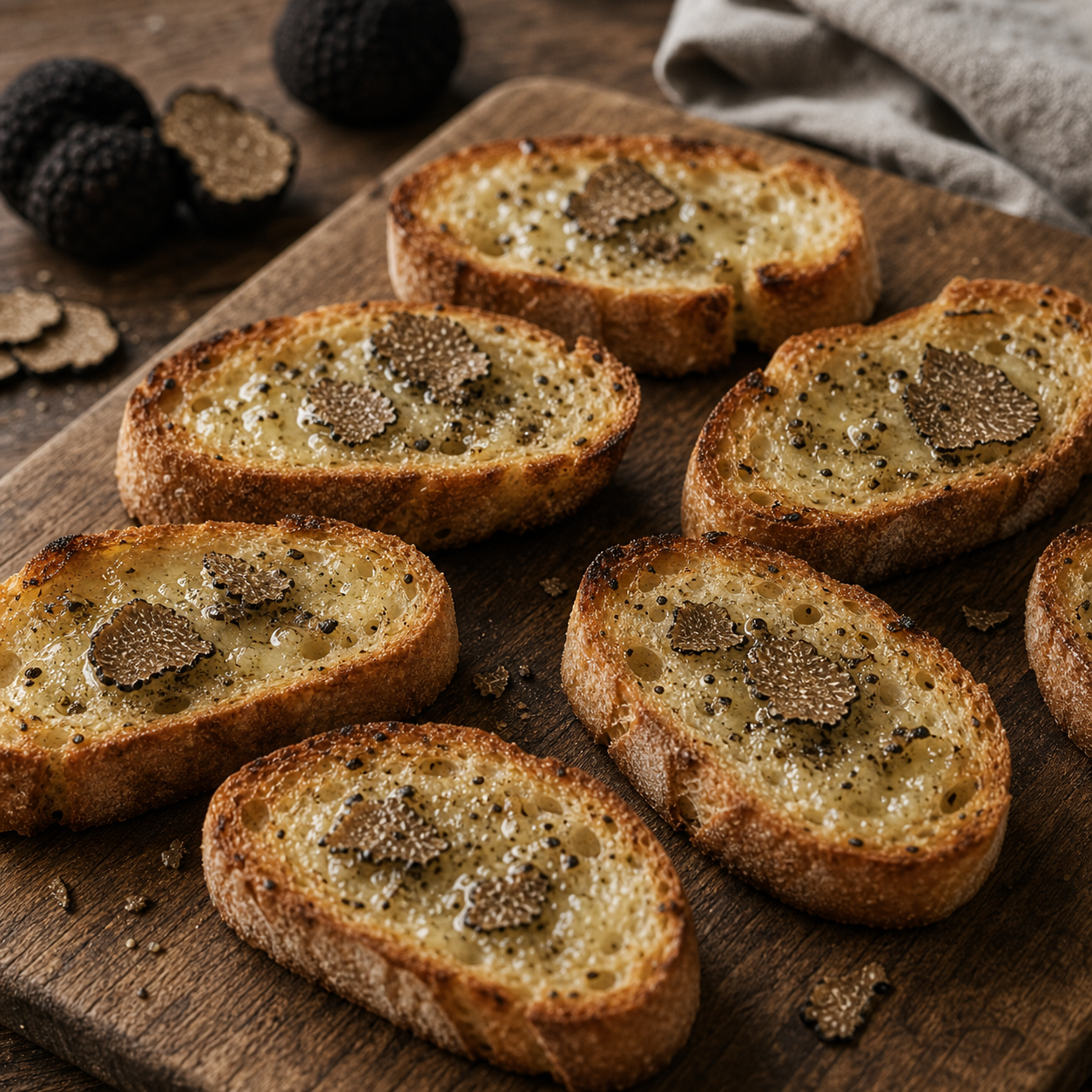 Truffle butter crostini on a wooden board